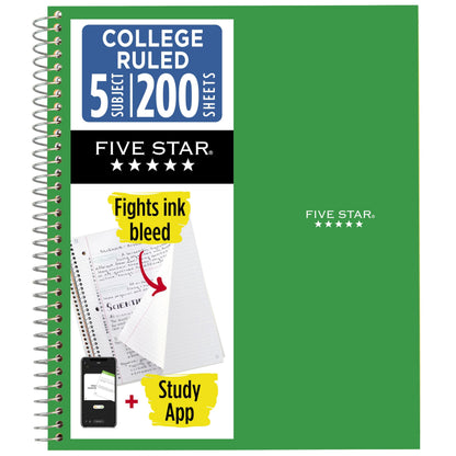 Five Star Spiral Notebook + Study App, 5 Subject, College Ruled Paper, 8-1/2" x 11", 200 Sheets, Fights Ink Bleed, Water Resistant Cover, White (72460)