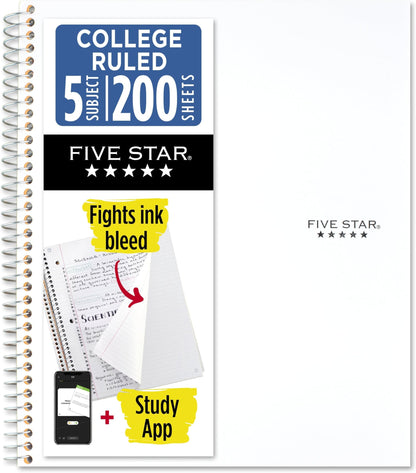 Five Star Spiral Notebook + Study App, 5 Subject, College Ruled Paper, 8-1/2" x 11", 200 Sheets, Fights Ink Bleed, Water Resistant Cover, White (72460)