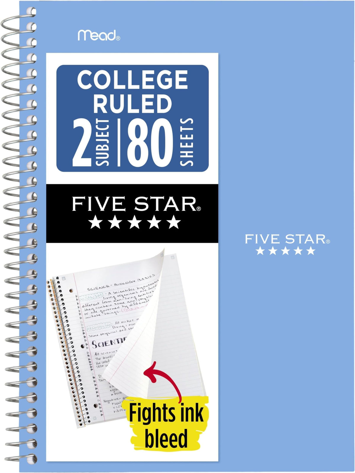 Five Star Spiral Notebook, 2 Subject, College Ruled Paper, 6" x 9-1/2", 80 Sheets, Fights Ink Bleed, Water Resistant Cover, Seaglass Green (840029CH1-ECM)