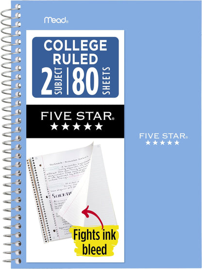 Five Star Spiral Notebook, 2 Subject, College Ruled Paper, 6" x 9-1/2", 80 Sheets, Fights Ink Bleed, Water Resistant Cover, Seaglass Green (840029CH1-ECM)