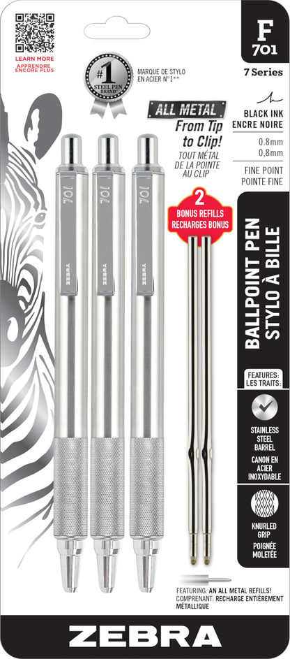 Zebra Pen STEEL F-701 Retractable Ballpoint Pen, Black Ink, 0.8mm, 1-Pack