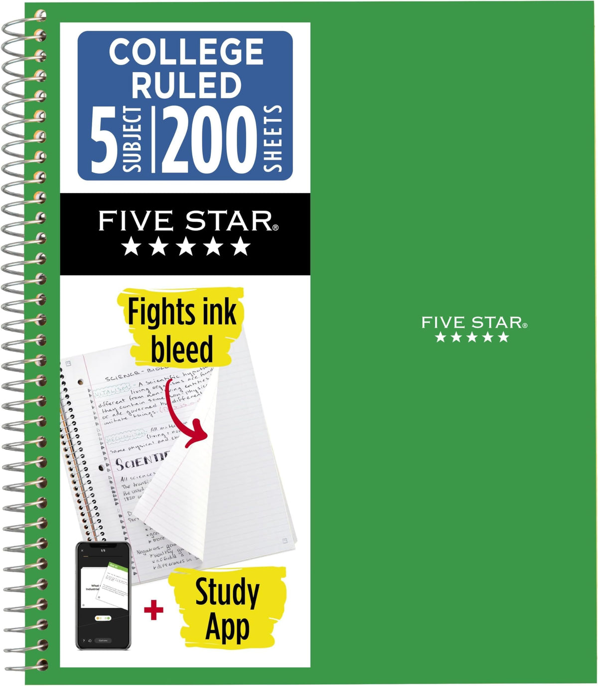 Five Star Spiral Notebook + Study App, 5 Subject, College Ruled Paper, 8-1/2" x 11", 200 Sheets, Fights Ink Bleed, Water Resistant Cover, White (72460)