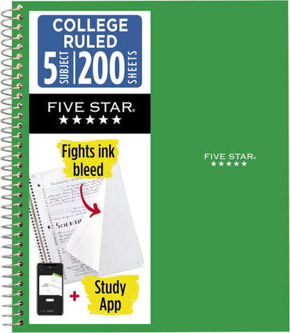 Five Star Spiral Notebook + Study App, 5 Subject, College Ruled Paper, 8-1/2" x 11", 200 Sheets, Fights Ink Bleed, Water Resistant Cover, White (72460)