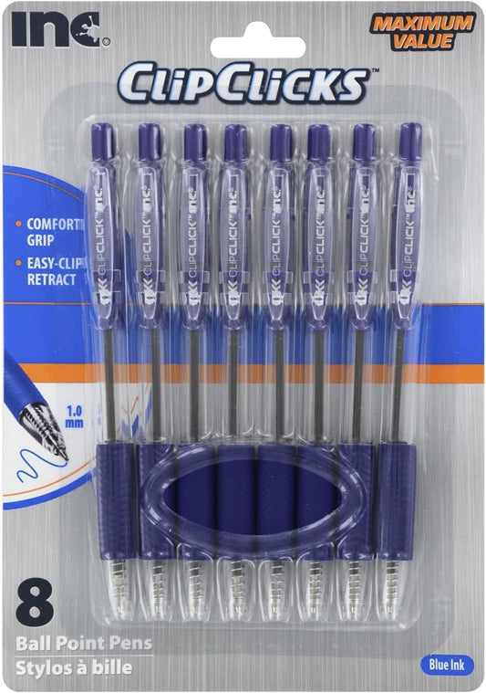 Clip Click Retractable Ball Point Pens, 1.0 mm Blue Ink, Set of 8