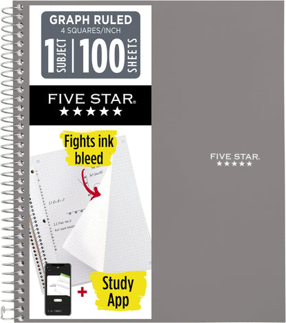 Five Star Spiral Notebook + Study App, 1 Subject, Graph Ruled Paper, 8-1/2" x 11", 100 Sheets, Fights Ink Bleed, Water Resistant Cover, Tidewater Blue (06190AA4)