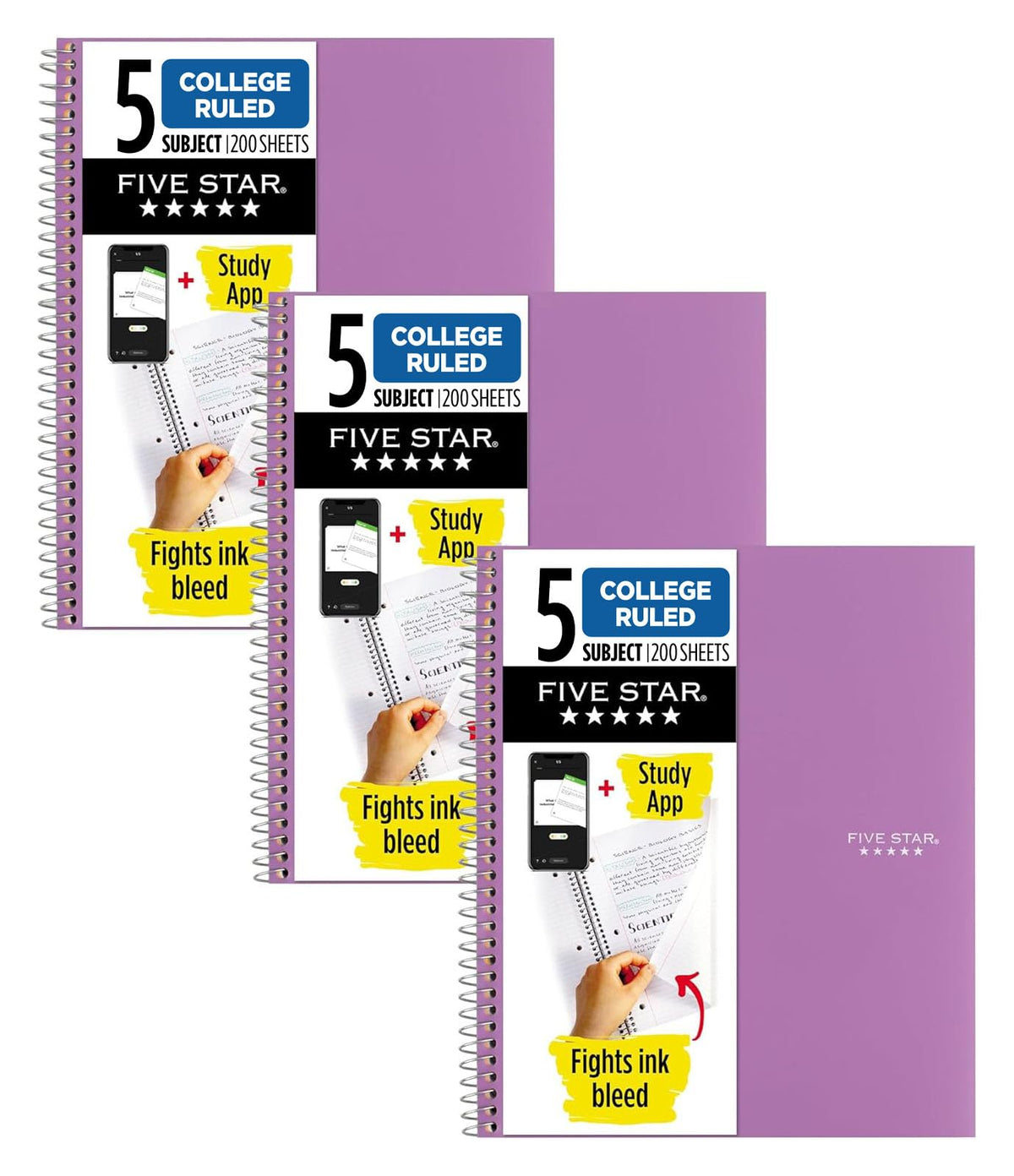 Five Star Spiral Notebook + Study App, 5 Subject, College Ruled Paper, 8-1/2" x 11", 200 Sheets, Fights Ink Bleed, Water Resistant Cover, White (72460)