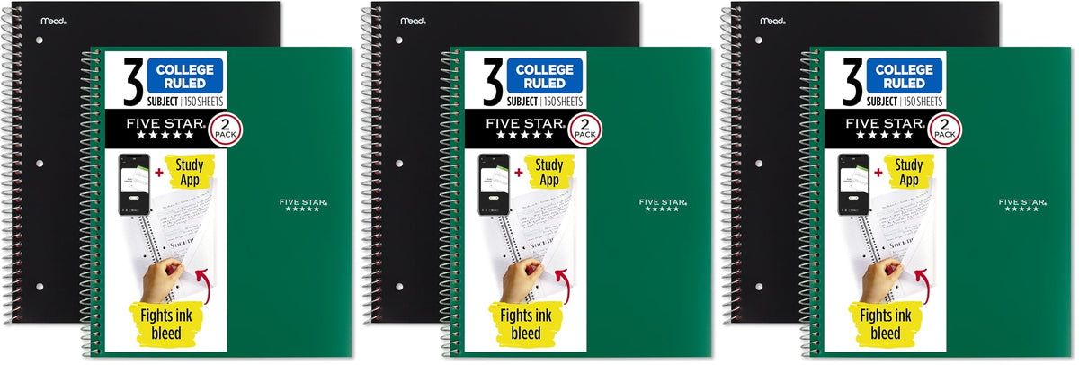 Five Star Spiral Notebook + Study App, 2 Pack, 3 Subject, College Ruled Paper, 8-1/2" x 11", 150 Sheets, Fights Ink Bleed, Water Resistant Cover, Black, Green (820191)