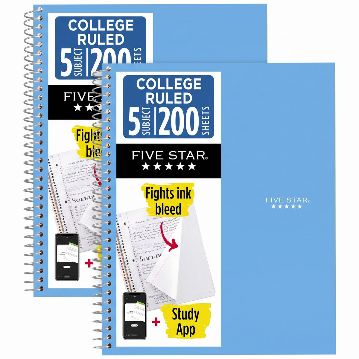 Five Star Spiral Notebook + Study App, 5 Subject, College Ruled Paper, 8-1/2" x 11", 200 Sheets, Fights Ink Bleed, Water Resistant Cover, White (72460)