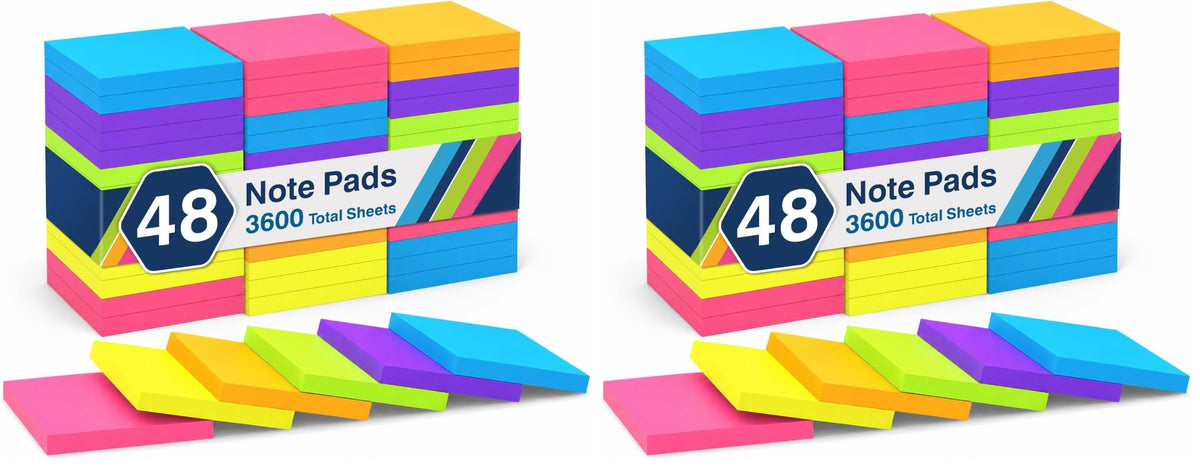 (3600 Sheets) Sticky Notes 3x3 Inch, 48 Pads, 75 Sheets/Pad, 6 Colors