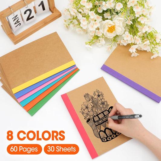 32 Pack A5 Kraft Notebooks Bulk, 8.3”x 5.5” Lined Notebook Journals with Color Strip, Composition Notebooks Journaling Notebooks for School Office Students Artists, 8 Colors 60 Pages