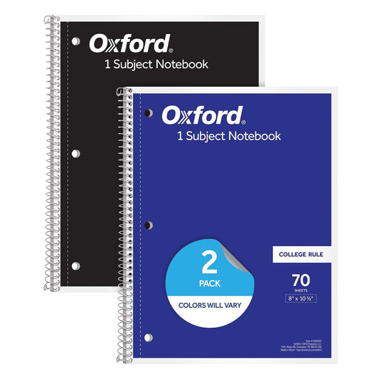 Oxford Spiral Notebooks, 2 Pack, 1 Subject, College Ruled Notebooks for School, 8 x 10.5 Inches, 70 Sheets, Assorted Colors, Back to School Supplies (1002522)