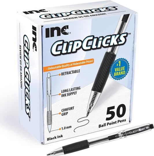Inc. ClipClicks Retractable Ballpoint Pens - Bulk 1.0-mm Medium-Point Pen Set With Comfort Grip for School, Office, Writing, and Journaling, 50 Count, Black