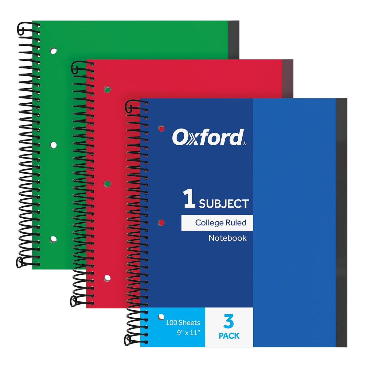 Oxford Spiral Notebook 3 Pack, 1 Subject, College Rule Journal, Durable Plastic Covers, 1 Pocket, 8.5 x 11 inch, 100 Sheets, Blue, Red, Green, 3 Pack (89801)