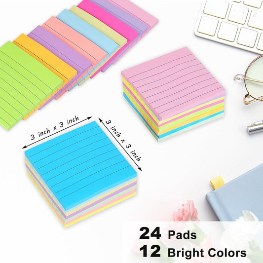(24 Pack) Lined Sticky Notes 3x3 in, Bright Notepads with Lines, 12 Colors