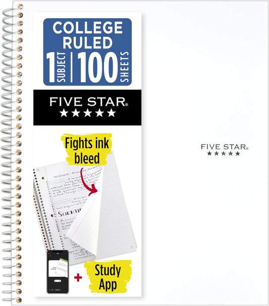 Five Star Spiral Notebook + Study App, 1 Subject, College Ruled 8.5" x 11" Paper, 100 Sheets, White (820002B)