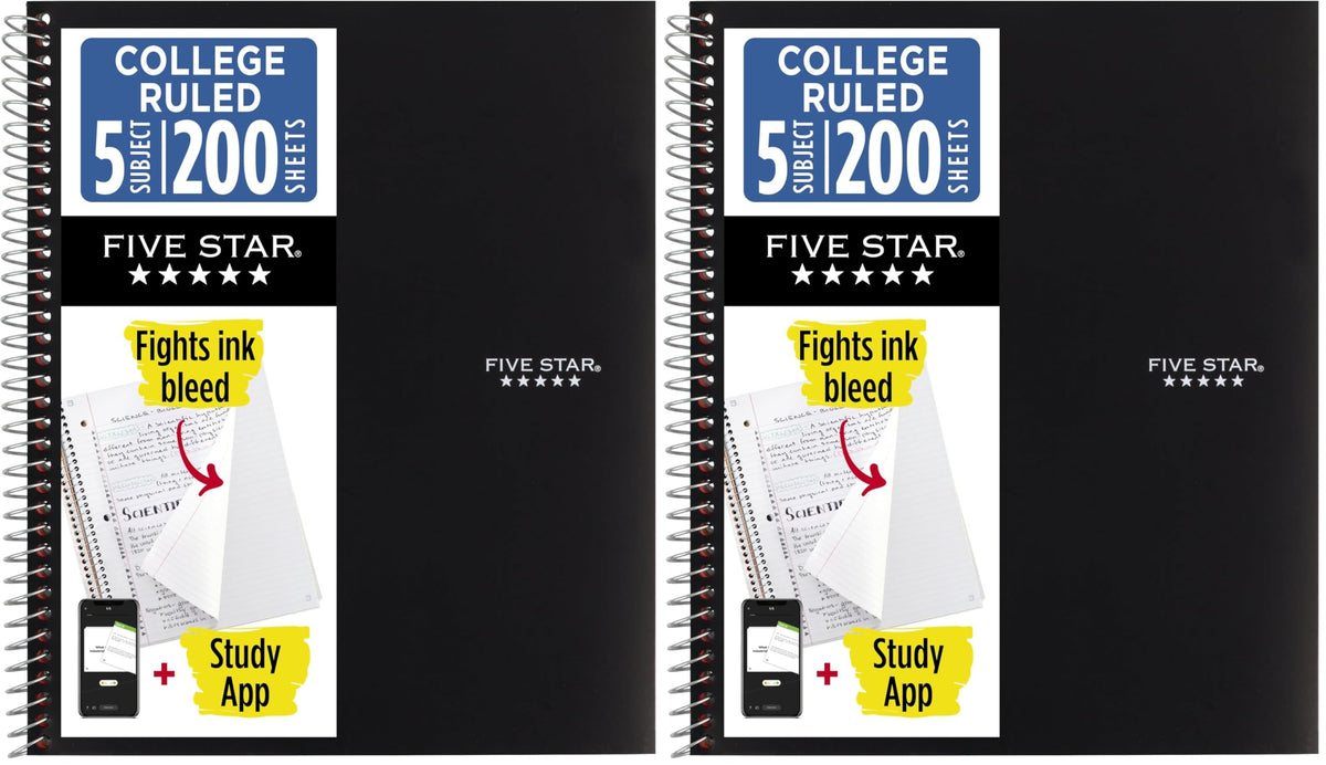 Five Star Spiral Notebook + Study App, 5 Subject, College Ruled Paper, 8-1/2" x 11", 200 Sheets, Fights Ink Bleed, Water Resistant Cover, White (72460)
