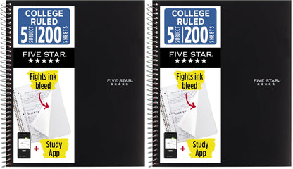 Five Star Spiral Notebook + Study App, 5 Subject, College Ruled Paper, 8-1/2" x 11", 200 Sheets, Fights Ink Bleed, Water Resistant Cover, White (72460)