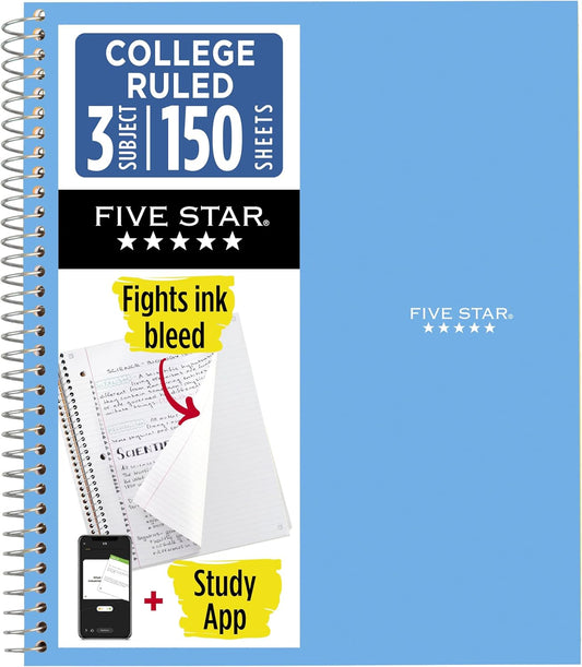 Five Star Spiral Notebook + Study App, 3 Subject, College Ruled Paper, 8.5" x 11", 150 Sheets, Blue (Color May Vary) (820004NH0)