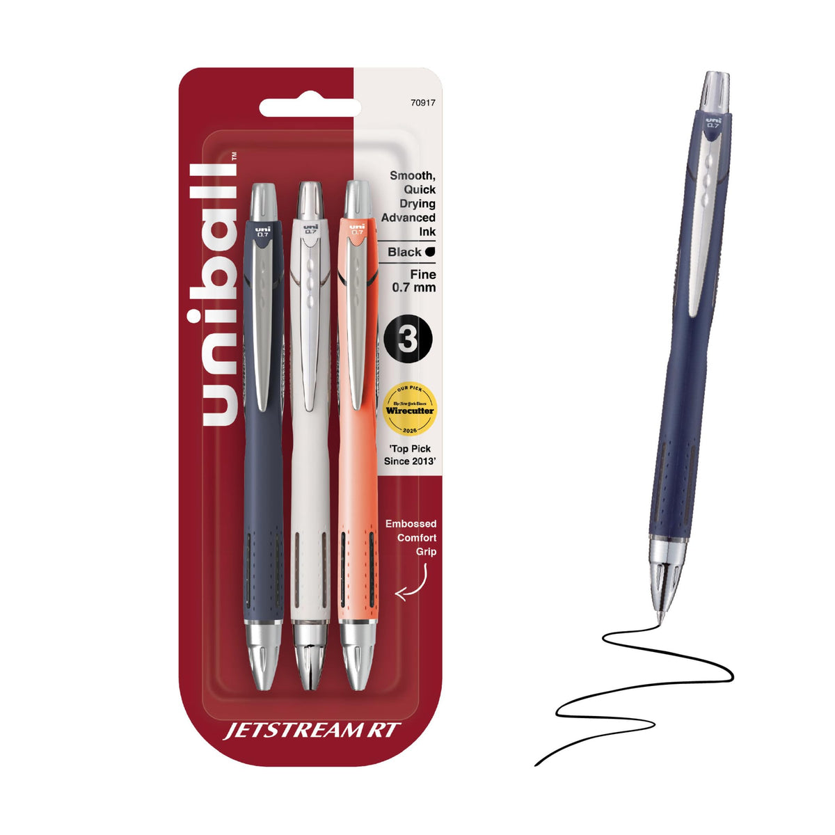 uniball™ Jetstream RT Ballpoint Pens, Black Ink, 0.7mm Fine Point, 3 Count
