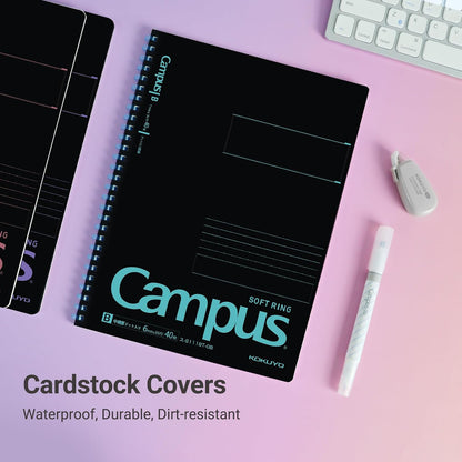 KOKUYO Spiral Notebook Journal, Black 3 Pack Campus B5 Soft Ring Notebooks with Dotted B 6mm Rule, 40 Sheets, 1 Subject Notebook in Red Purple Green, College Office Note Taking. Japan Import