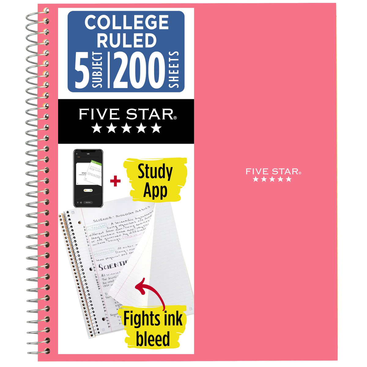 Five Star Spiral Notebook + Study App, 5 Subject, College Ruled Paper, 8-1/2" x 11", 200 Sheets, Fights Ink Bleed, Water Resistant Cover, White (72460)