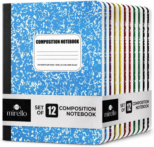 Composition Notebook 12 Pack -Wide Ruled Paper, 7.5" x 9.75", 100 Sheets
