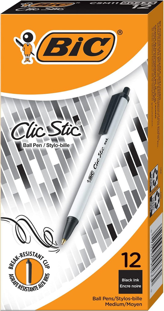 BIC Clic Stic Black Ballpoint Pens, Medium Point, 1.0mm, 12-Count