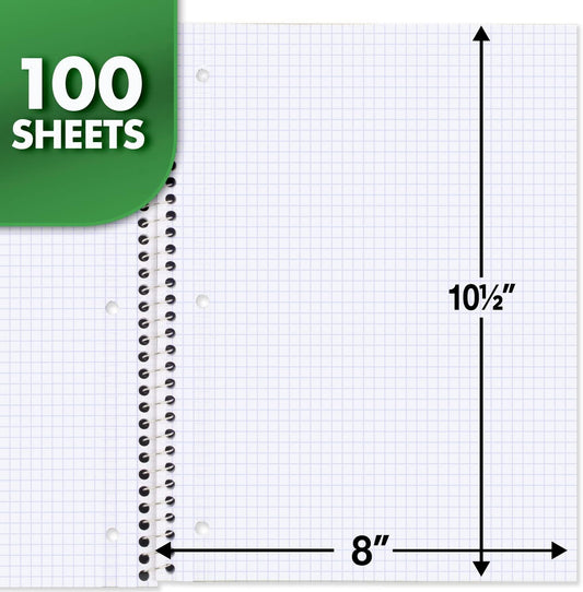 Mead Spiral Notebook, 1 Subject, Graph Ruled Paper, 7-1/2" x 10-1/2", 100 Sheets, Green (05676AC5)