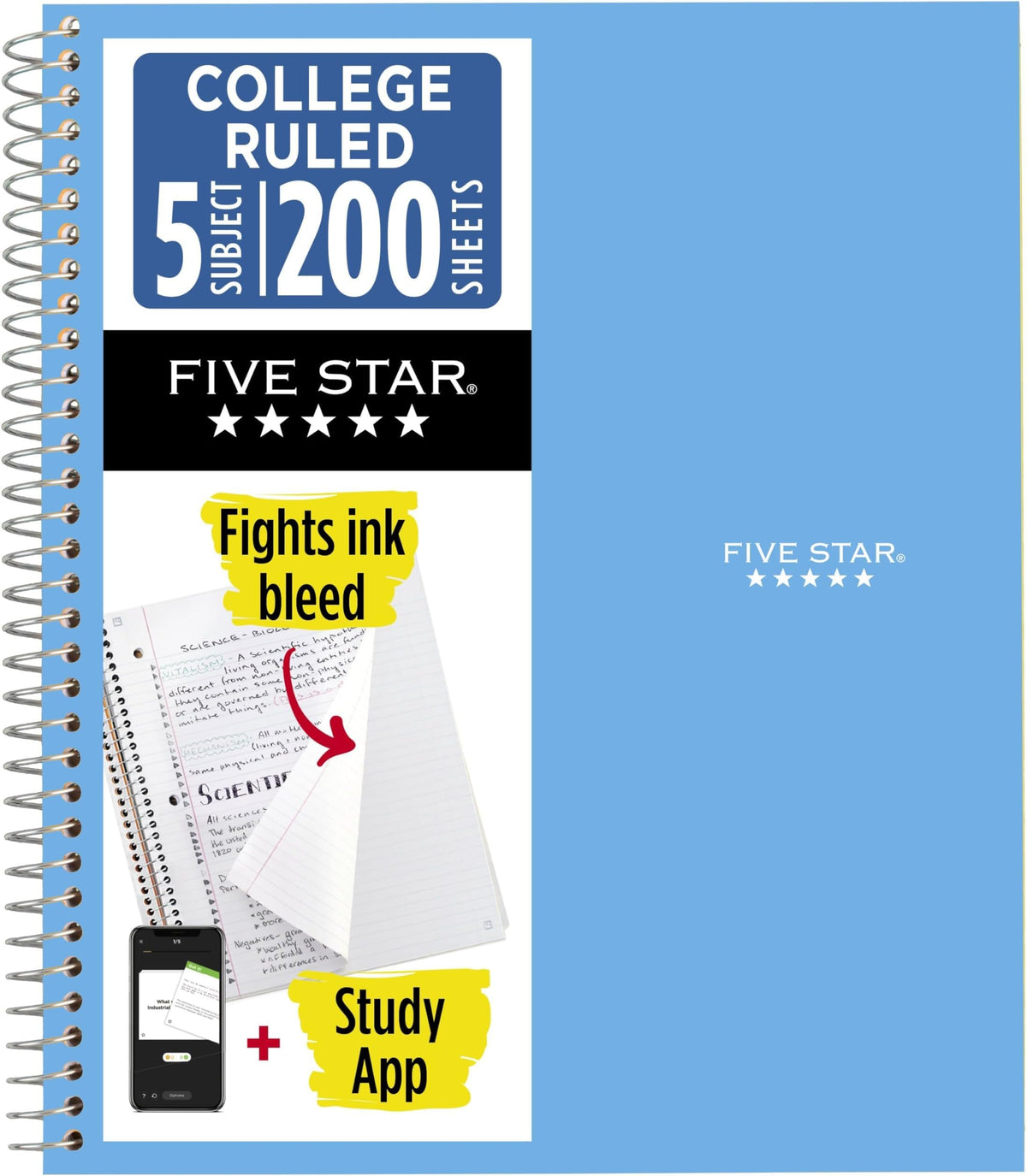 Five Star Spiral Notebook + Study App, 5 Subject, College Ruled Paper, 8-1/2" x 11", 200 Sheets, Fights Ink Bleed, Water Resistant Cover, White (72460)