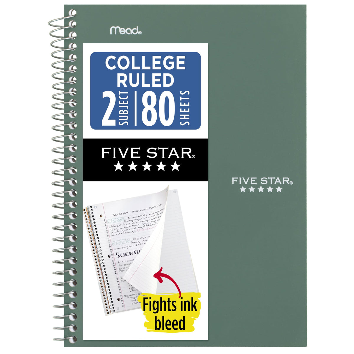 Five Star Spiral Notebook, 2 Subject, College Ruled Paper, 6" x 9-1/2", 80 Sheets, Fights Ink Bleed, Water Resistant Cover, Seaglass Green (840029CH1-ECM)