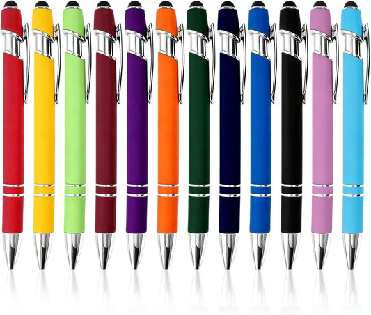 12Pcs Ballpoint Pen with Stylus Tip Retractable Soft Touch Click Metal Pen 1.0 mm Black Ink