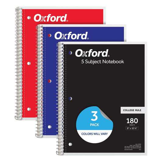Oxford Spiral Notebooks, 3 Pack, 5 Subject, College Ruled Notebooks for School, 8 x 10.5 Inches, 180 Sheets, 4 Dividers, Assorted Colors, Back to School Supplies (65203)