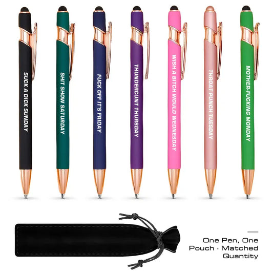 7-Day Funny Retractable Ballpoint Pen Set with Pen Pouch, Emotional Wording, Black Ink, Smooth Writing, Colorful Precision, Cute Office Supplies for Students & Teachers, Pens