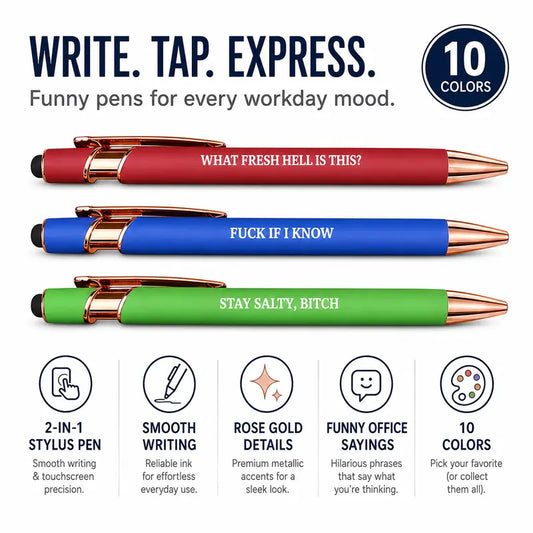10Pcs Sassy Office Pen Set, Funny Sarcastic Ballpoint Pens with Stylus Tip, Rose Gold Metal Clip, Smooth Writing Desk Pens for Coworkers, Boss, Nurses, Teachers, Work Gifts Colored Pens Set Rainbow Pens