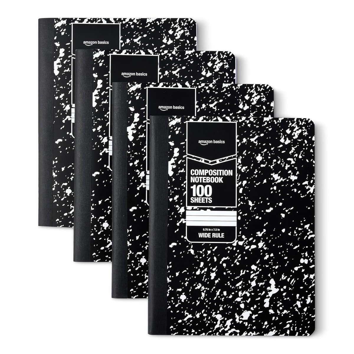 Amazon Basics Composition Notebook, Wide Ruled, 100 Sheets, 9.75" x 7.5", Marble Black, Sturdy Cover with Conversion Charts, for School, Home, and Office Use, 4-Pack