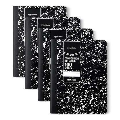 Amazon Basics Composition Notebook, Wide Ruled, 100 Sheets, 9.75" x 7.5", Marble Black, Sturdy Cover with Conversion Charts, for School, Home, and Office Use, 4-Pack
