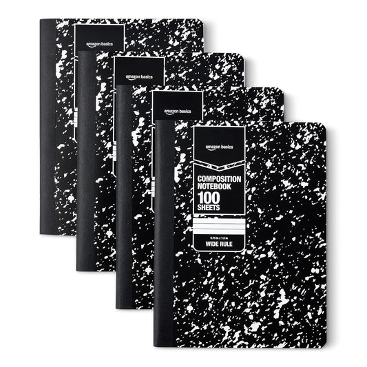 Amazon Basics Composition Notebook, Wide Ruled, 100 Sheets, 9.75" x 7.5", Marble Black, Sturdy Cover with Conversion Charts, for School, Home, and Office Use, 4-Pack