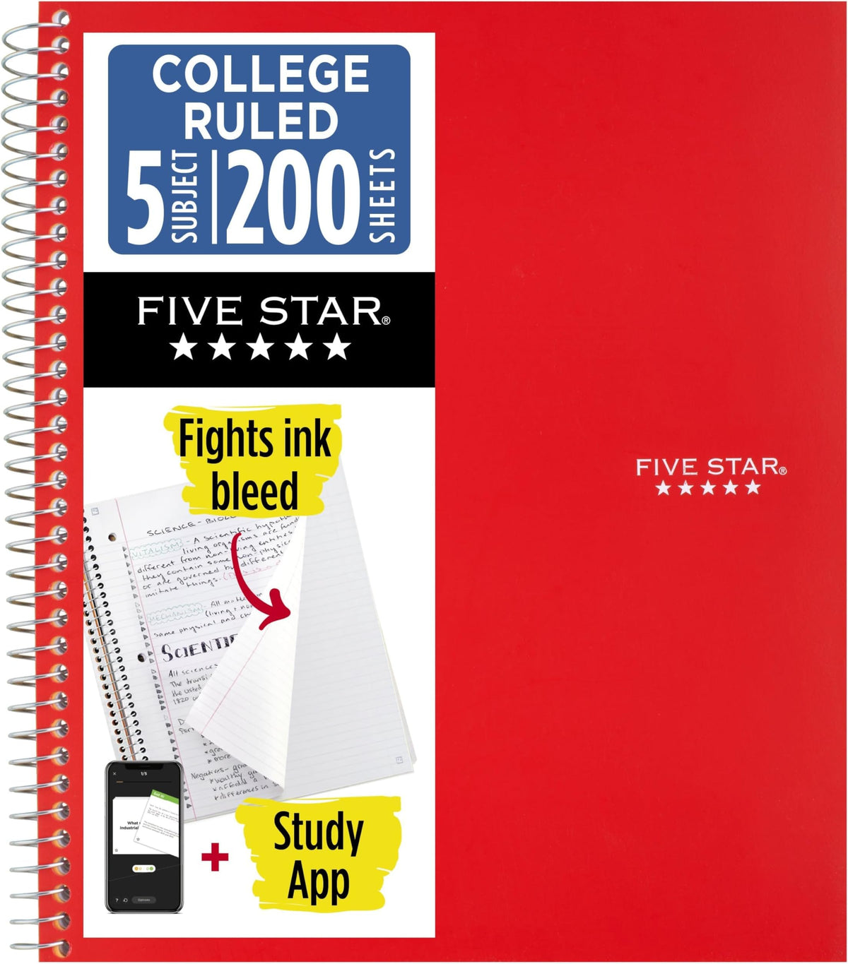 Five Star Spiral Notebook + Study App, 5 Subject, College Ruled Paper, 8-1/2" x 11", 200 Sheets, Fights Ink Bleed, Water Resistant Cover, White (72460)