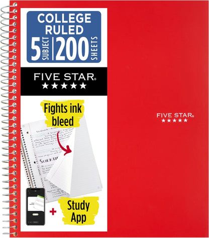 Five Star Spiral Notebook + Study App, 5 Subject, College Ruled Paper, 8-1/2" x 11", 200 Sheets, Fights Ink Bleed, Water Resistant Cover, White (72460)