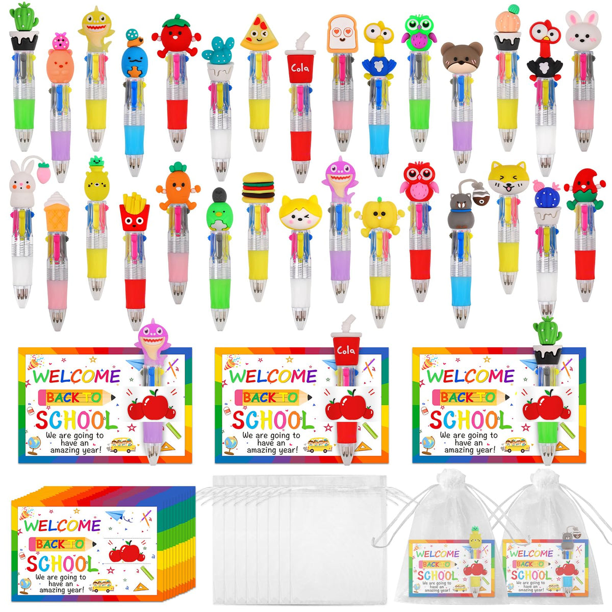 CZWZ 24Pcs Mini Multicolor Pens in One 4-in-1 Cute Pens Bulk for Kids, Fun Kawaii Ballpoint Pens for Birthdays and Children's Party Favors Gifts Teacher School Supplies