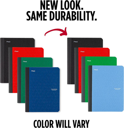 Five Star Composition Book + Study App, 4 Pack, College Ruled Paper, 7-1/2" x 9-3/4", 80 Sheets, Forest Green, Pacific Blue, Fire Red and Black (850065B-ECM)