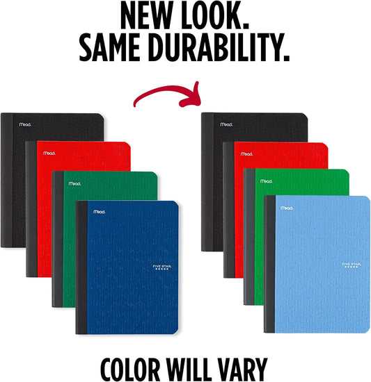 Five Star Composition Book + Study App, 4 Pack, College Ruled Paper, 7-1/2" x 9-3/4", 80 Sheets, Forest Green, Pacific Blue, Fire Red and Black (850065B-ECM)