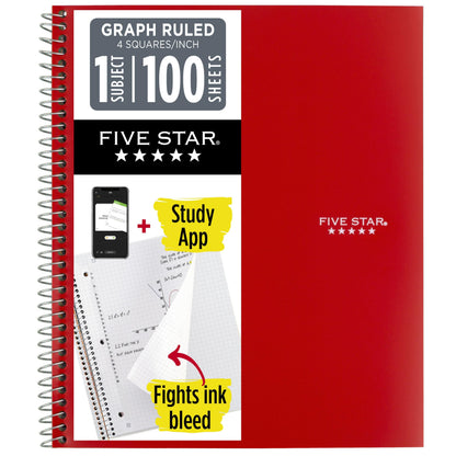 Five Star Spiral Notebook + Study App, 1 Subject, Graph Ruled Paper, 8-1/2" x 11", 100 Sheets, Fights Ink Bleed, Water Resistant Cover, Tidewater Blue (06190AA4)