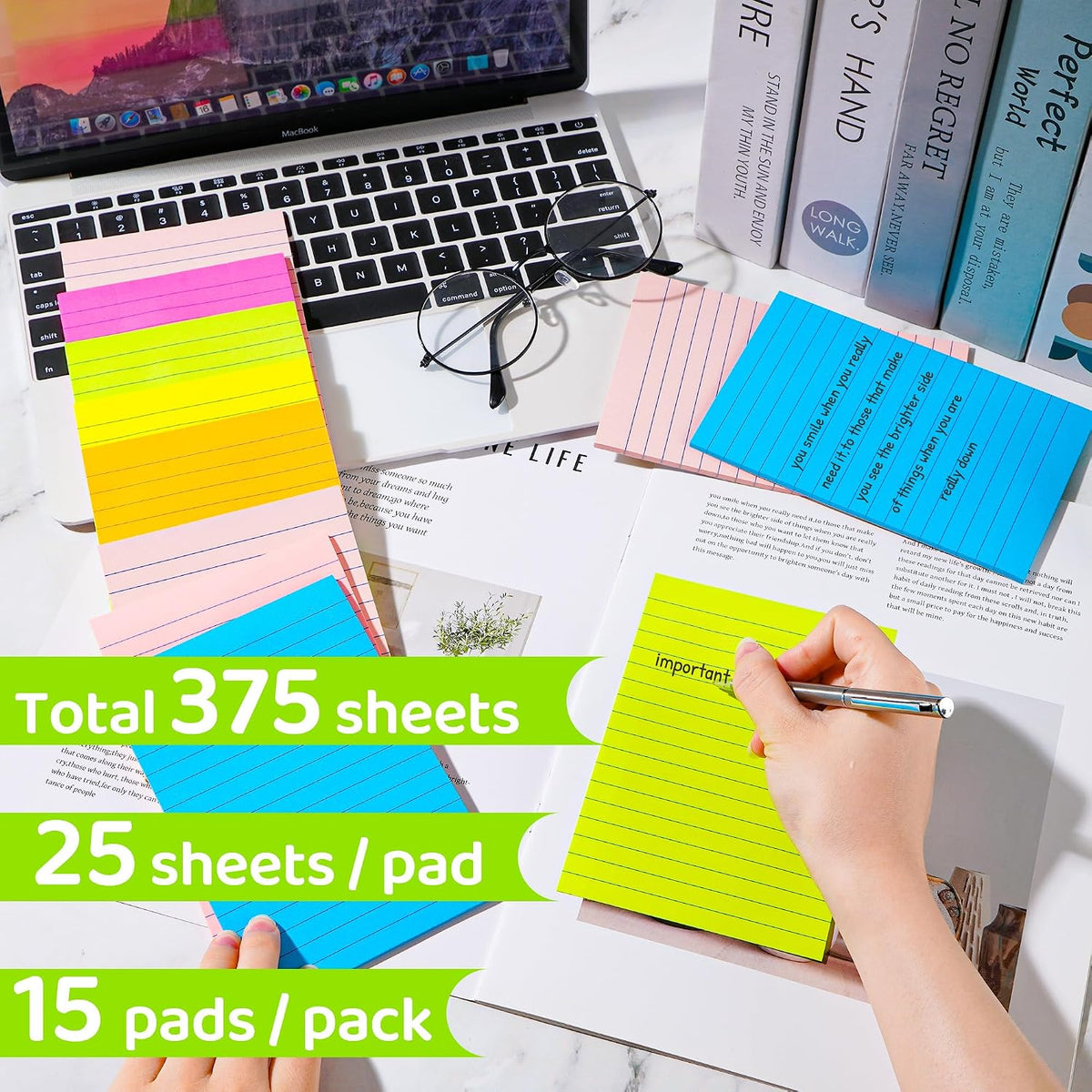 (15 Pads) Lined Sticky Notes 4x6 in, Bright Large Notepads with Lines