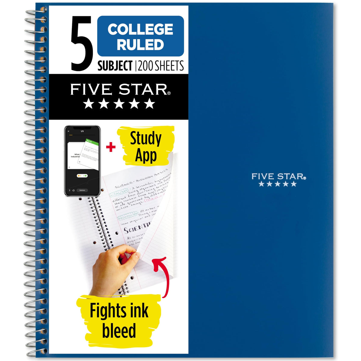 Five Star Spiral Notebook + Study App, 5 Subject, College Ruled Paper, 8-1/2" x 11", 200 Sheets, Fights Ink Bleed, Water Resistant Cover, White (72460)