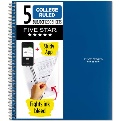 Five Star Spiral Notebook + Study App, 5 Subject, College Ruled Paper, 8-1/2" x 11", 200 Sheets, Fights Ink Bleed, Water Resistant Cover, White (72460)