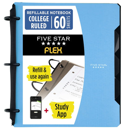 Five Star Flex Refillable Notebook + Study App, College Ruled Paper and 1 Inch TechLock Ring Binder with Pockets, Tabs and Dividers, 200 Sheet Capacity, Pacific Blue (293280AD2)