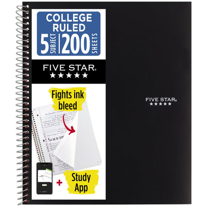 Five Star Spiral Notebook + Study App, 5 Subject, College Ruled Paper, 8-1/2" x 11", 200 Sheets, Fights Ink Bleed, Water Resistant Cover, Black (72081)