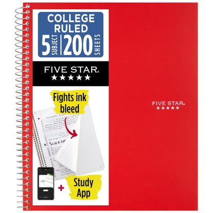 Five Star Spiral Notebook + Study App, 5 Subject, College Ruled Paper, 8-1/2" x 11", 200 Sheets, Fights Ink Bleed, Water Resistant Cover, White (72460)