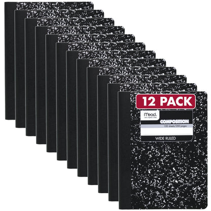 Mead Composition Notebook, Wide Ruled Paper, 7.5" x 9.75", 100 Sheets, Black Marble, 3 Pack (38301)